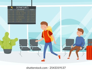 Homem Viaje com a mochila Apresse-se e espere por seu voo Desfrute da ilustração do vetor de férias