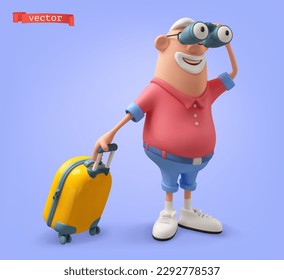 Hombre con bolso de viaje y binoculares caricatura personaje icono vectorial 3d