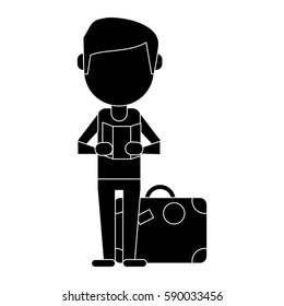man with travel bag and map pictogram