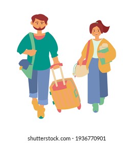 Man with travel bag and suitcase and woman with tiket and documents Couple going to travel Flat vector illustration