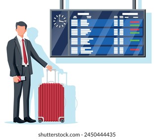 Man With Travel Bag. Tourist With Suitcase, Passport, Ticket, Boarding Pass In Airport. Businessman With Luggage and Arrival Timetable Isolated. Business Man With Baggage. Flat Vector Illustration