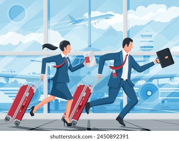 Man with Travel Bag. Tourist with Suitcase, Briefcase, Running to Airport. Businesswoman with Luggage. Business Man with Baggage. Business Flight. Airfield with Airplane. Flat Vector Illustration