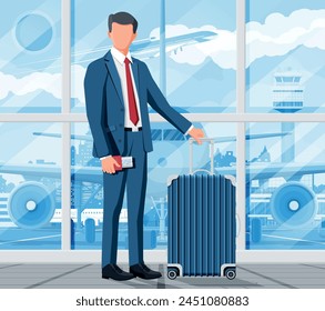 Man with Travel Bag. Tourist with Suitcase, Passport, Ticket, Boarding Pass in Airport. Businessman with Luggage. Business Man with Baggage. Business Flight Concept. Flat Vector Illustration