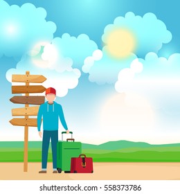 Man with travel bags near wooden way direction sign. Vector illustration.