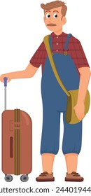 Man with travel bags on vacation trip. Cartoon character