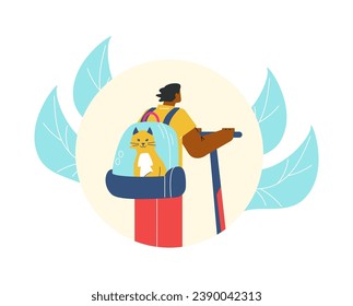 Man travel with cat in backpack, vector illustration on white background. Young guy trip together with happy pet cat, cute animal in special bag. Pet owner. Colored flat cartoon style.