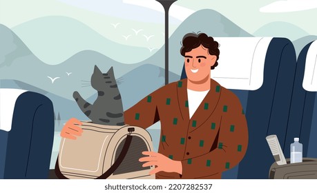 Man travel with cat. Owner shows pet environment, train rides. Tourism and active lifestyle. Comfortable public transport. Care and love for animals. Poster or banner. Cartoon flat vector illustration