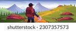 Man travel and explore mountain adventure vector. Tourist character trekking and discovery nature with backpack on wilderness path cartoon landscape illustration. Young guy explorer mountaineering