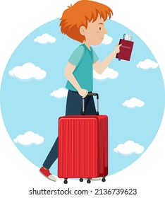 Tema de las vacaciones de viajes del hombre con mochila e ilustración del equipaje