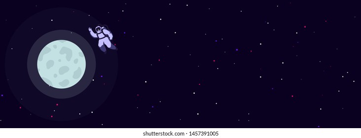 Man travel to the moon. Poster of astronaut approaching the moon, satellite earth. Night background of space with bright starry in the distance. Futuristic banner, mankind is exploring the cosmos