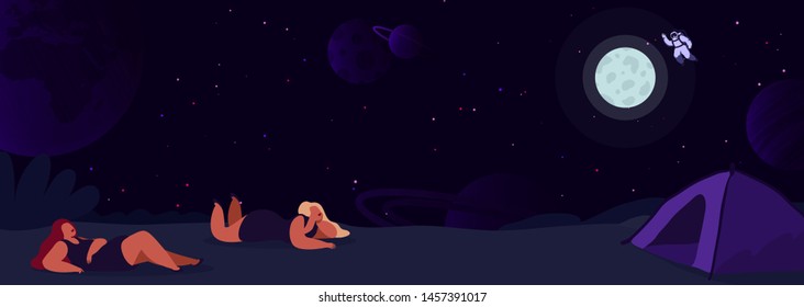 Man travel to the moon. Poster of astronaut approaching the moon, satellite earth. Night background of space with bright starry in the distance. Futuristic banner, mankind is exploring the cosmos