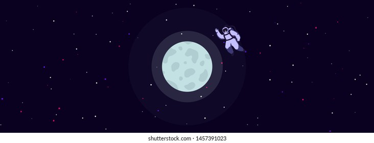 Man travel to the moon. Poster of astronaut approaching the moon, satellite earth. Night background of space with bright starry in the distance. Futuristic banner, mankind is exploring the cosmos