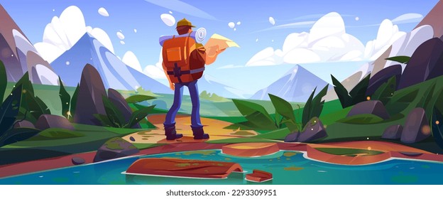 Man travel near lake and mountain vector illustration. Log in river water cartoon landscape. Tourist character with backpack and map discovery nature in alps backdrop. Trekking path tourism scene