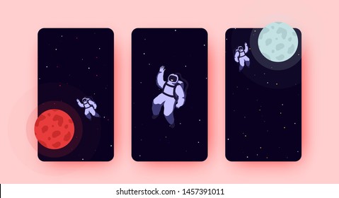 Man travel to the red planet Mars and Moon, Poster of astronaut approaching the mars. Night background of space with bright starry in the distance. Futuristic banner, mankind is exploring the cosmos