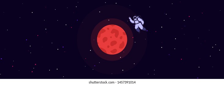 Man travel to the red planet Mars. Poster of astronaut approaching the mars. Night background of space with bright starry in the distance. Futuristic banner, mankind is exploring the cosmos