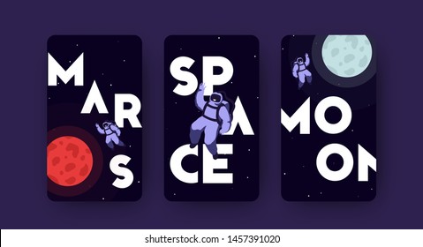 Man travel to the red planet Mars and Moon, Poster of astronaut approaching the mars. Night background of space with bright starry in the distance. Futuristic banner, mankind is exploring the cosmos