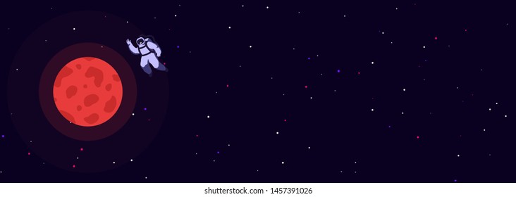 Man travel to the red planet Mars. Poster of astronaut approaching the mars. Night background of space with bright starry in the distance. Futuristic banner, mankind is exploring the cosmos