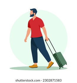 A man with a travel suitcase at the airport. Summer vacation. Flat vector illustration