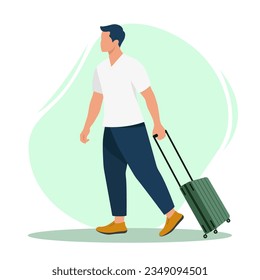 Man with a travel suitcase at the airport. Vacation. Flat vector illustration	
