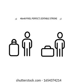 Man with a  travel suitcase, tourist  simple line icon vector illustration.Editable stroke. 48x48 Pixel Perfect.