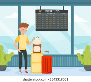 Man Travel with Suitcase Wait for His Flight Enjoy Vacation Vector Illustration