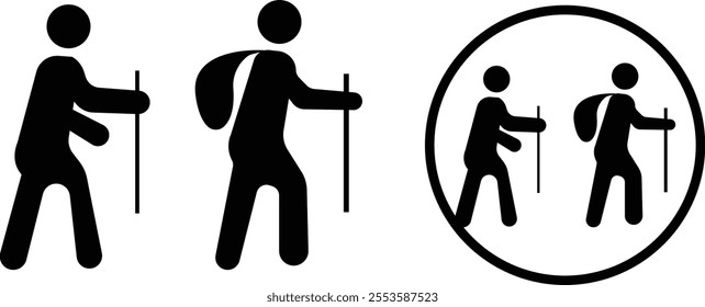 Man Travel With The Walking Stick icon set. people hiking in silhouette style, Summer camping hiking canoe mountains. isolated on transparent background, used for Travel and Adventure, hiking Icons