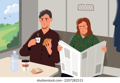 Man travel with woman. Young guy sits with croissant and mug of coffee, girl next to newspaper. Lunch and delicious travel food. Adventure, tourism and vacation. Cartoon flat vector illustration