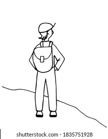 Der Reisende mit Rucksack, in einer Kappe steht und blickt in die Ferne, Blick von hinten. Handgezeichnete schwarz-weiße Vektorgrafik mit einfacher Zeichnung. Wandern, Bergsteigen.