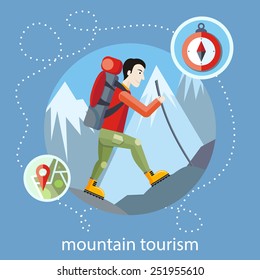 Man traveler with backpack hiking equipment walking in mountains. Mountain tourism concept in cartoon design style