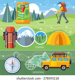 Man traveler with backpack hiking equipment walking in mountains. Off-road car with map and compass on road. Investigation untouched corners nature. Camping tourism tent near the forest and mountains