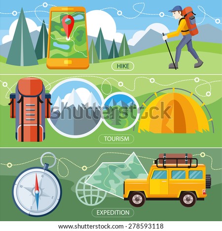 Man traveler with backpack hiking equipment walking in mountains. Off-road car with map and compass on road. Investigation untouched corners nature. Camping tourism tent near the forest and mountains