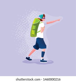 man traveler with backpack pointing out