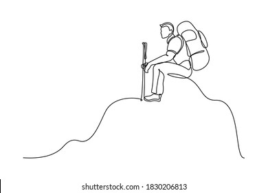 Man traveler with backpack and trekking poles sitting on the top of mountain peak in continuous line art drawing style. Hiking and mountain climbing. Black linear sketch isolated on white background