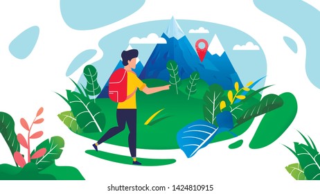 Man Traveler with Backpack Walking in Mountains Cartoon. Tourism at Highlands. Male Character Moving on Pin. GPS Navigation. Active Vacation and Healthy Recreation. Vector Flat Illustration