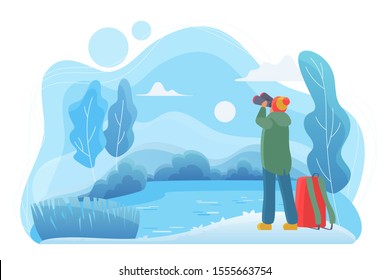 Man traveler with binoculars flat vector illustration. Nature lover cartoon character. Man looking at landscape in cold winter day. Wildlife observation, traveling. River, forest, lake