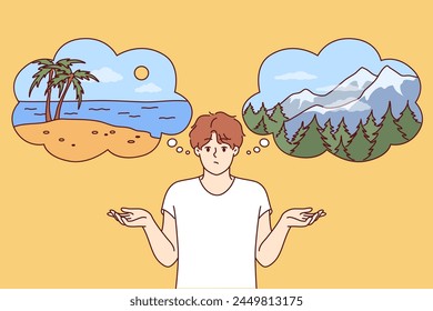 Man traveler chooses place for summer vacation between beach and mountains, spreads arms and makes embarrassed grimace. Young guy traveler is planning upcoming long weekend in nature