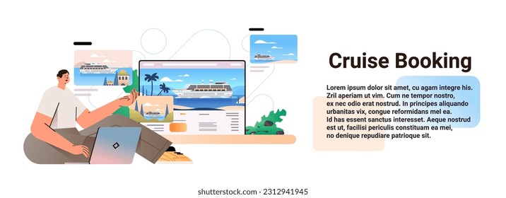man traveler choosing passenger liner on laptop sea cruise online booking summer vacation voyage concept