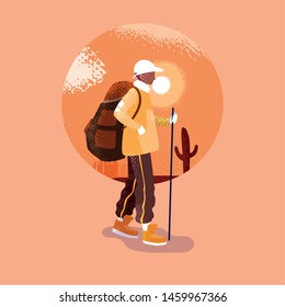 man traveler in desert landscape scene