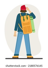 Man traveler is engaged in hiking Hiking with a backpack A tourist in the mountains Vector 