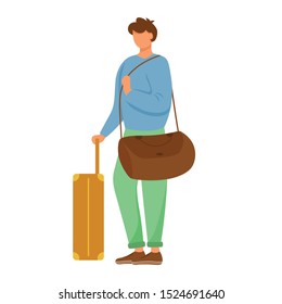 Man traveler flat vector illustration. Vacation tour. Male person with luggage. Caucasian full body guy standing with bag on shoulder and suitcase isolated cartoon character on white background