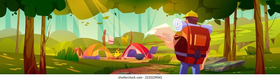 Man traveler in forest with camp. Summer landscape with tents, bonfire and hiker with map and backpack. Vector cartoon illustration of woods with trees, campsite and tourist