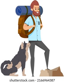 El hombre que viaja o hace senderismo respira aire fresco. El tipo con mochila se dedicó al turismo con perros. Carácter masculino con mochila turística relajando nuestra puerta con mascota, animal doméstico. Concepto de cuidado de los animales