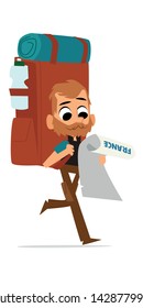 Man traveler isolated with backpack and a map in hand. Tourist, bearded man walking. white background. Vector illustration. Vacation concept.