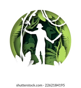 Man traveler in jungle paper cut 3d vector illustration. Explorer cutting large green leaves of rainforest tree looking for safe rout. discovery, exploration, hiking, adventure tourism and travel