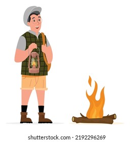 Ein Mann Reisende mit einer Laterne, Rucksack und Gepäck einzeln auf weißem Hintergrund. Vektorflache Illustration