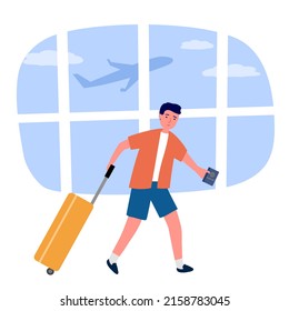 Man traveler with luggage at the airport in flat design.