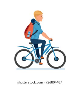 Man traveler with luggage, riding bicycle. Healthy lifestyle, outdoor activities. Illustration in cartoon style, side view.