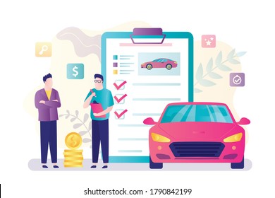 Man traveler rent car, salesman and car rental or sharing agreement. Transport business, auto dealer or carsharing. Modern vehicle, client and agent in trendy style. Flat vector illustration