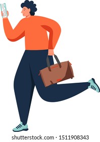 Man traveler running with bag and ticket in hands, vector flat isolated illustration. Travel, vacation, tourism, adventure concept for web banner, website page etc.