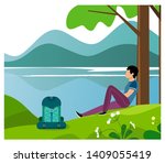 A man traveler sits on a hill under a tree resting and looks into the distance and the river. Vector illustration in cartoon style. Camping in the woods
